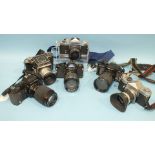 Six SLR cameras: Pentax A3, Yashica Reflex-35, Soligor TM, Agiflex (a/f), Pentax MV and Yashica Fx-3