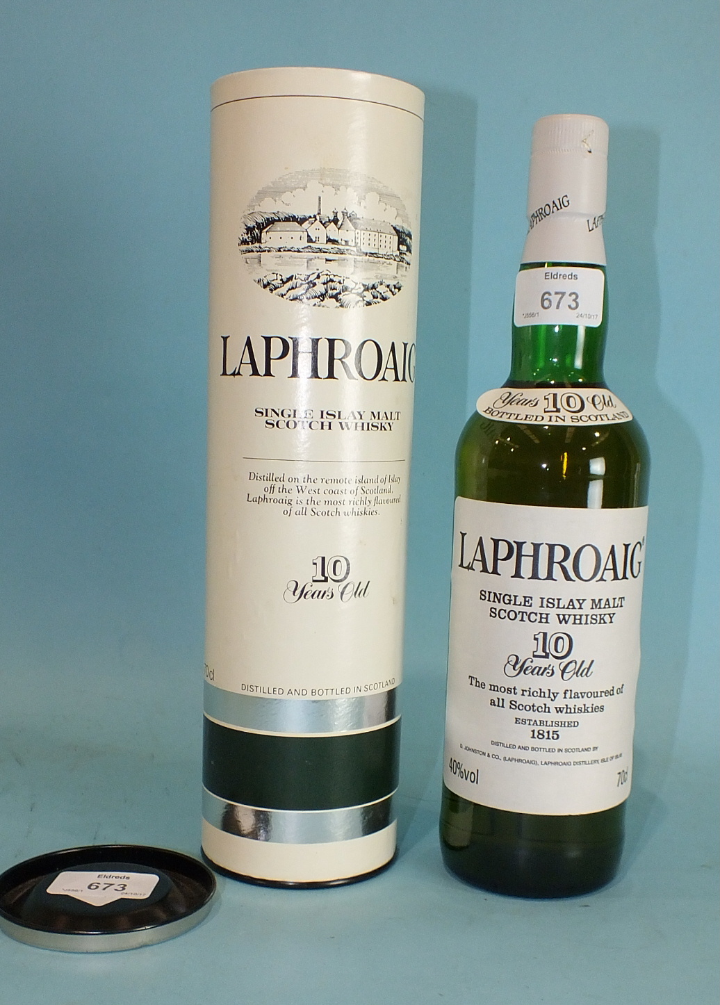 A bottle of Laphroaig 10-year old Single Islay Malt Whisky with pre-Royal Warrant label, in original