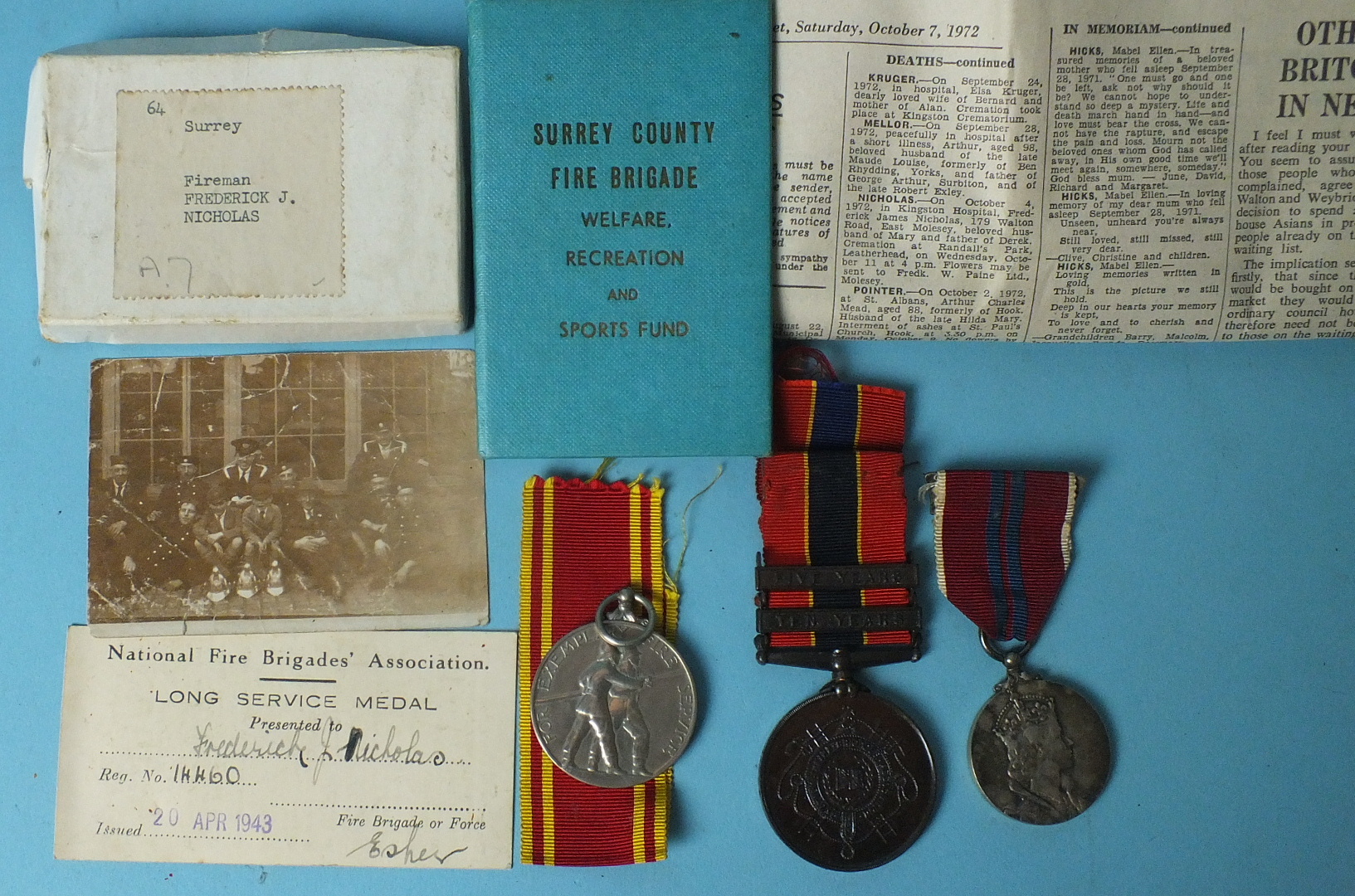 An Exemplary Fire Service Medal awarded to Fireman Frederick J Nicholas, with ribbons, envelope - Image 2 of 2