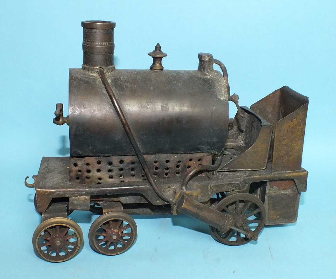 A live steam scratch built 4-2-0 "Birmingham Dribbler" locomotive, brass with burner, (front of