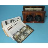 A Thornton Pickard brass-mounted mahogany stereoscopic viewer and a small quantity of slides.