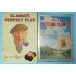 Clarke's Perfect Plug tin advertising sign, 32 x 22.5cm and another for "Wills Passing Clouds