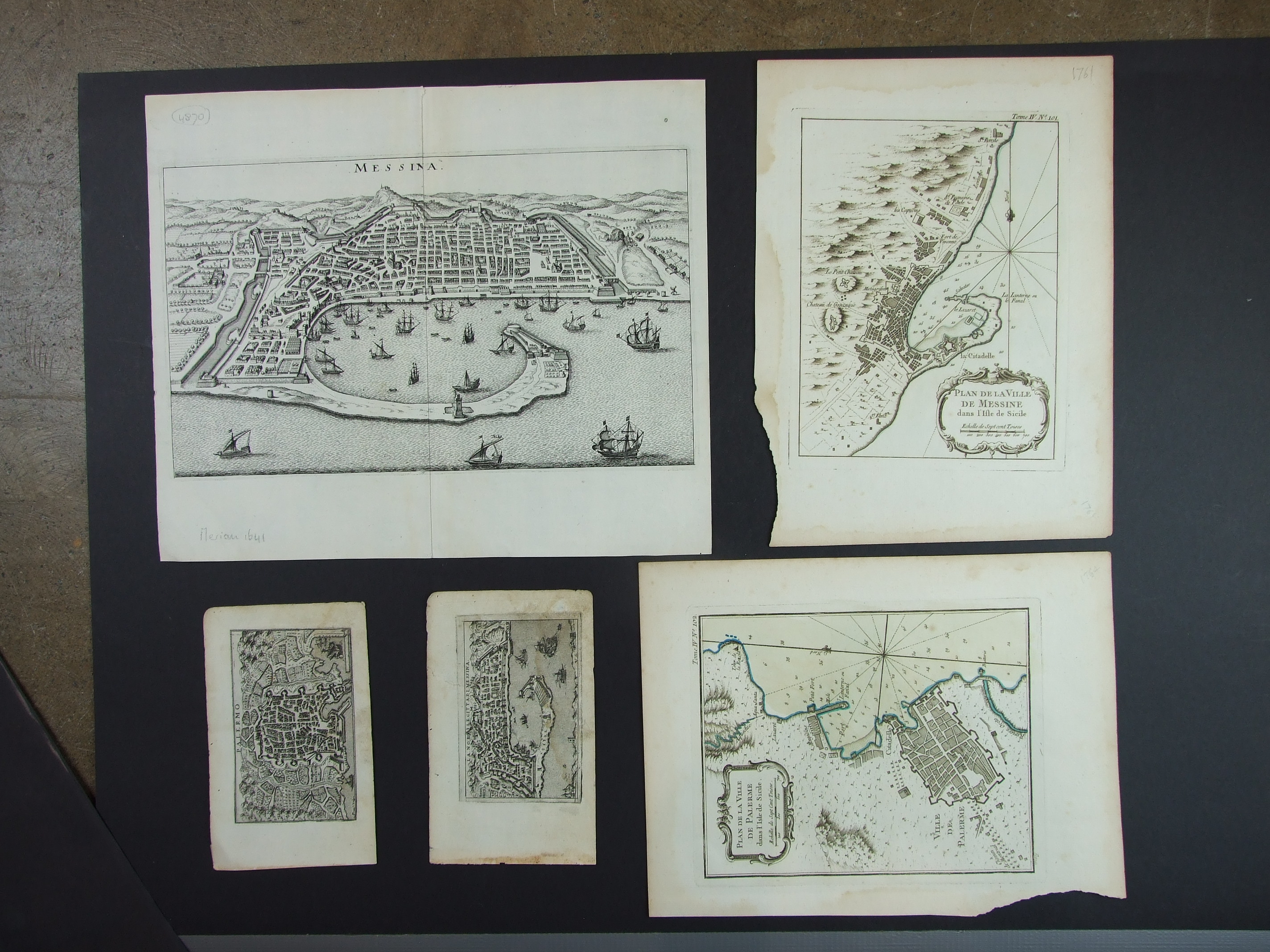 Messina & Palermo, five plans and views, Merian 1641, Messina, no colour, image 34.5 x 20.5cm,