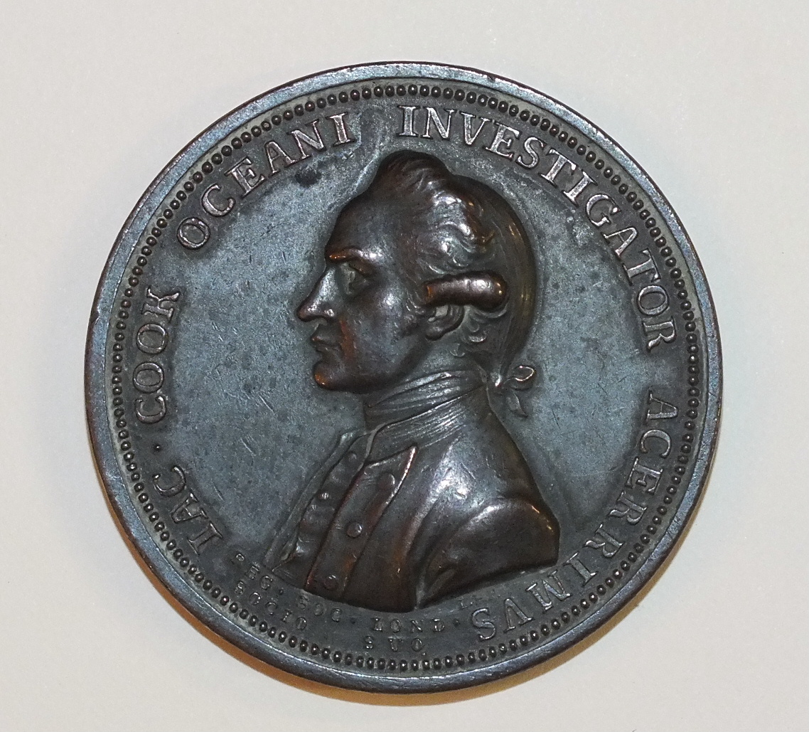 A bronzed copper 1784 James Cook Memorial Medal by Lewis Pingo for the Royal Society, showing a bust