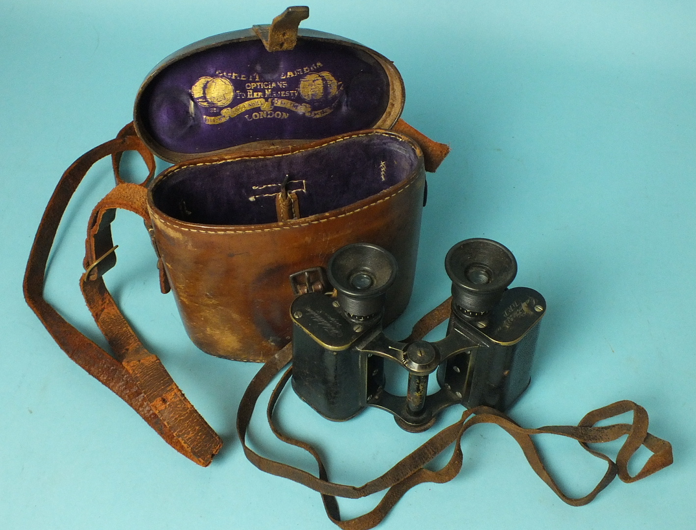 A pair of Carl Zeiss Jena binoculars stamped "DRP, Feldstecker Veigri 8, Capt A S Warwick, No.4