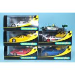 Five modern Scalextric sports cars, all boxed, one unboxed Grand Prix car, and three Matchbox SCX