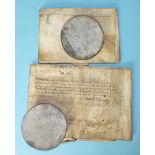 A William III recovery document, vellum, with remains of a seal in tin case and a George II vellum
