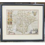 Blaeu, a 16th/17th century map, "Devonia Vulgo, Devonshire", framed.