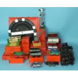 Hornby O gauge, rolling stock: Shell BP tank wagon, refrigerator wagon, crane truck, goods van,