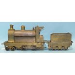 A scratch built live steam 3" gauge 4-4-0 locomotive and tender, brass and copper, unpainted,