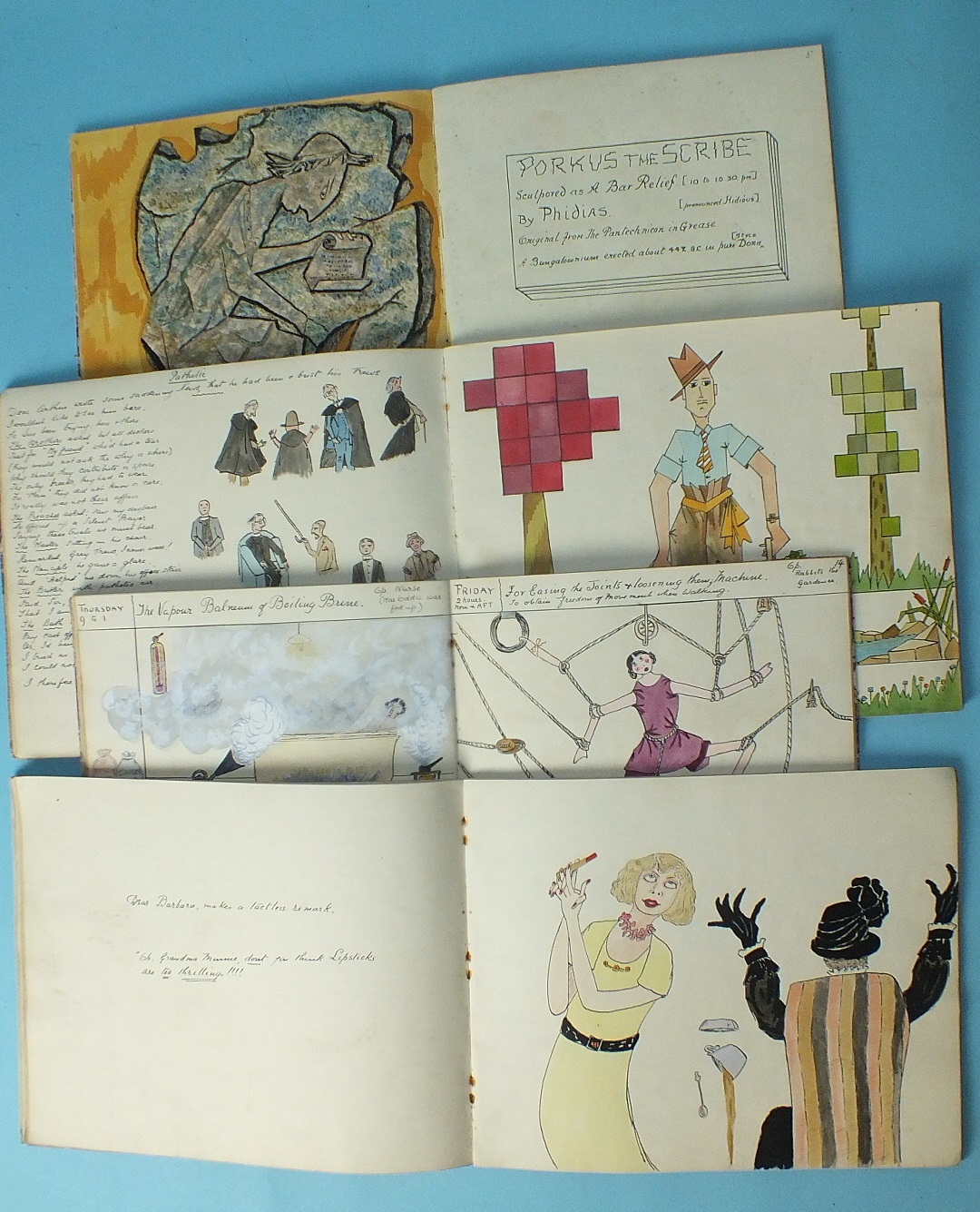 Four handwritten and illustrated "Wonder Books" containing cartoons, poetry, plays, etc.