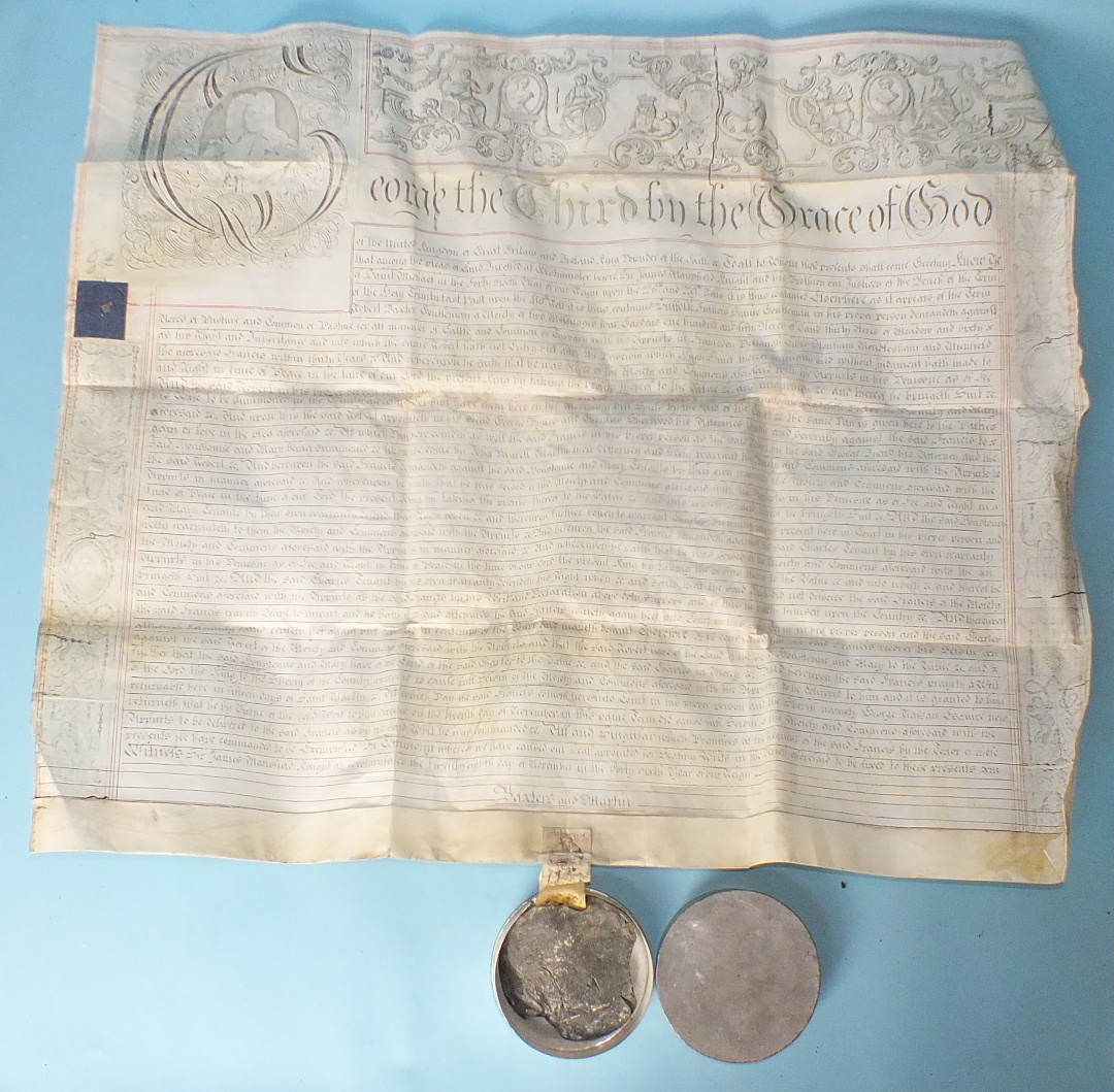 Three George III recovery documents, vellum, each with engraved portrait of the king in decorated - Image 3 of 4