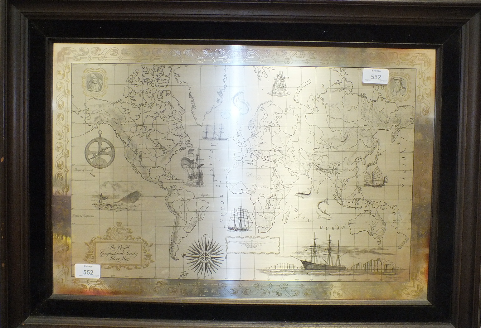 A framed silver map by The Royal Geographical Society, London hallmark for 1976, 37 x 56cm.