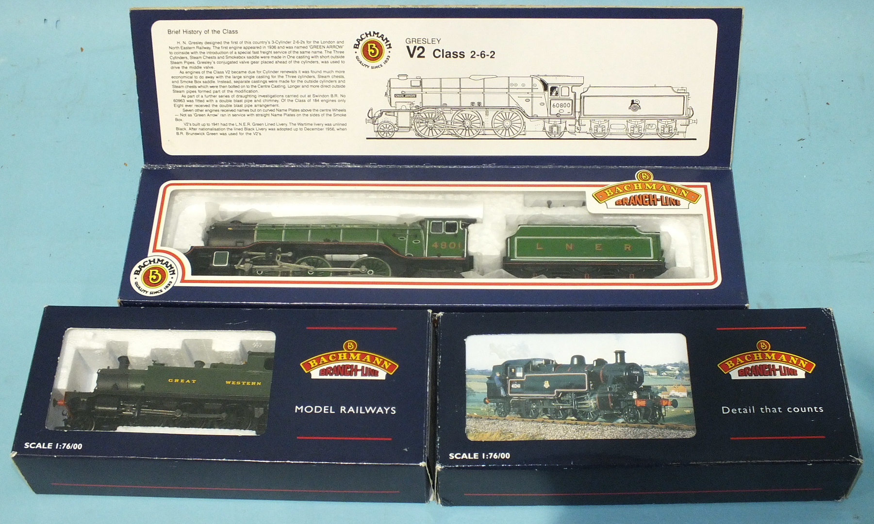 Bachmann OO gauge, 31-555 Gresley V2 class 2-6-2 locomotive no.4801, 32-075B class 56XX 2-6-2 tank