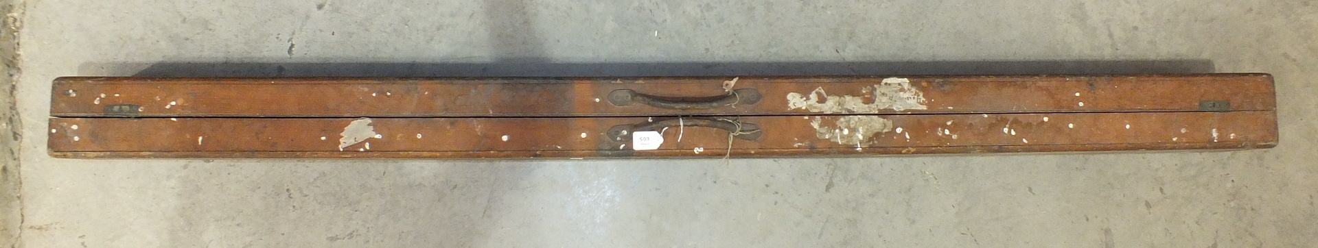 A 19th century stained pine fishing rod box with triple hinges, leather rod straps and leather - Image 2 of 2