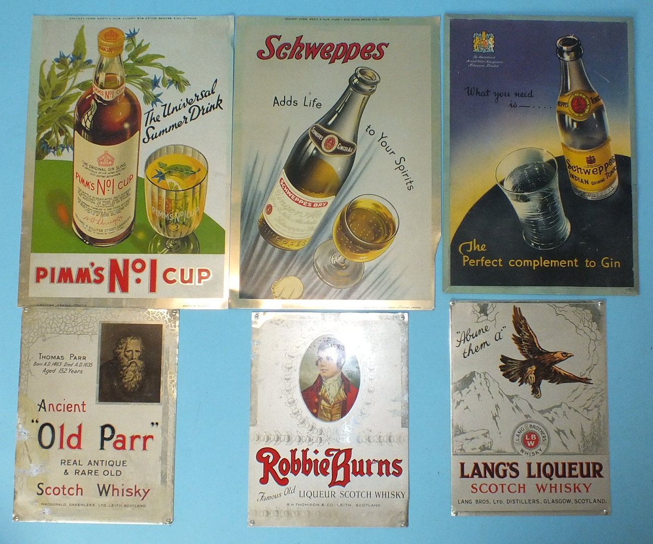 Six tin advertising signs: "Pimm's No.1 Cup", 29 x 20cm, two Schweppes 29 x 20.5cm and 28 x 19cm,