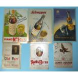 Six tin advertising signs: "Pimm's No.1 Cup", 29 x 20cm, two Schweppes 29 x 20.5cm and 28 x 19cm,