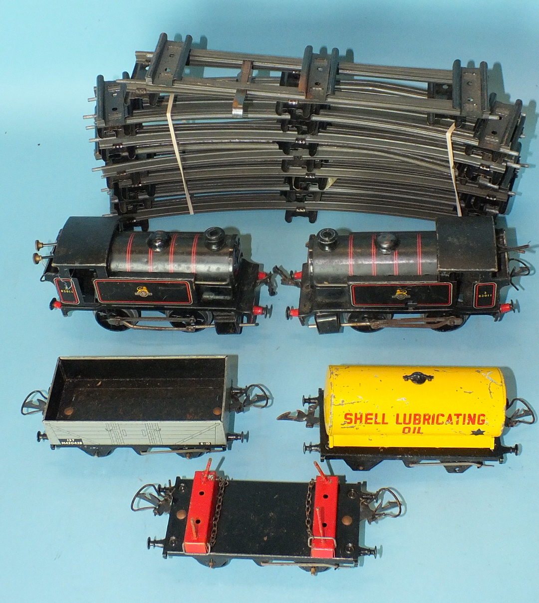 Hornby O gauge, two type 40 0-4-0 locomotives, three wagons and a quantity of track.