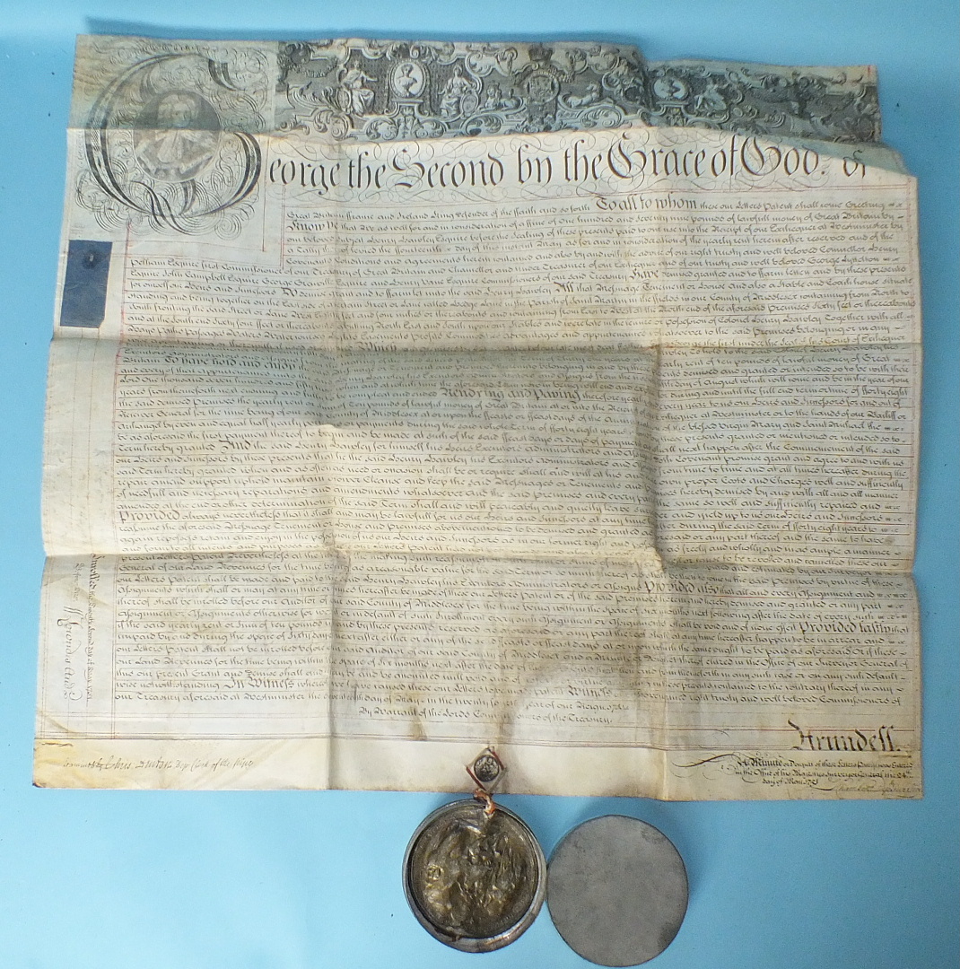 A William III recovery document, vellum, with remains of a seal in tin case and a George II vellum - Image 3 of 3