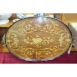 An Edwardian mahogany gallery tray inlaid with boxwood foliage and musical motifs, 67 x 44cm, (a/