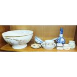 An English blue and white pattern soup ladle, a Continental ceramic trinket box and cover, 7cm wide,