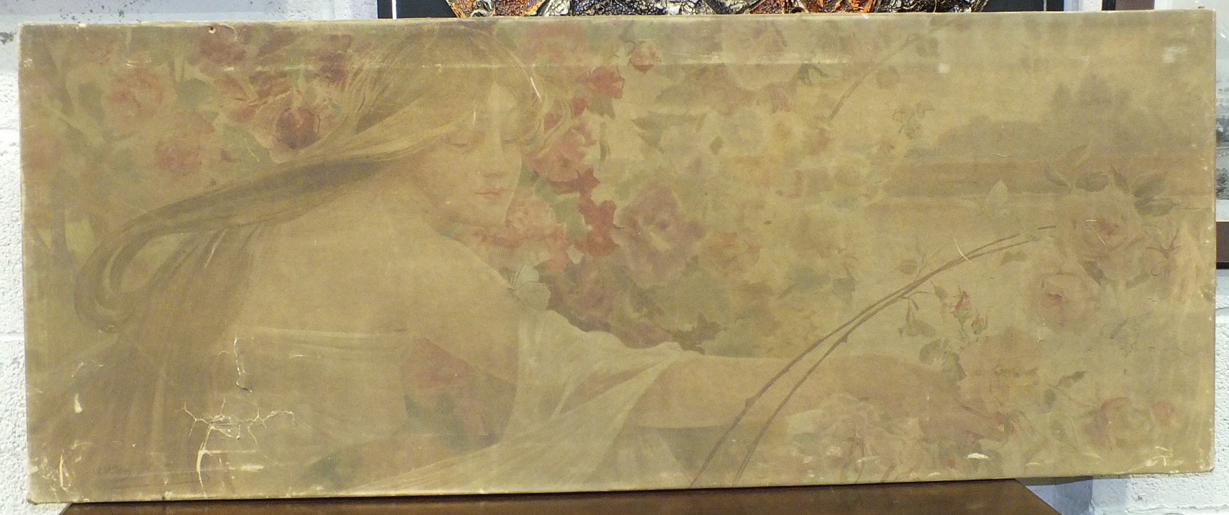 After Gaston-Gerard, an Art Nouveau panel depicting a young girl amongst flowers, 49 x 124cm and a