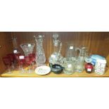 A cut-glass wine jug and stopper, six cranberry Port glasses and other glassware.