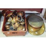 A collection of copper ware, including kettles, jugs, warming pan, an oval brass tray with