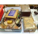 A damaged Tunbridgeware work box, 24cm wide, a stevedore's hook, horn powder flask and other