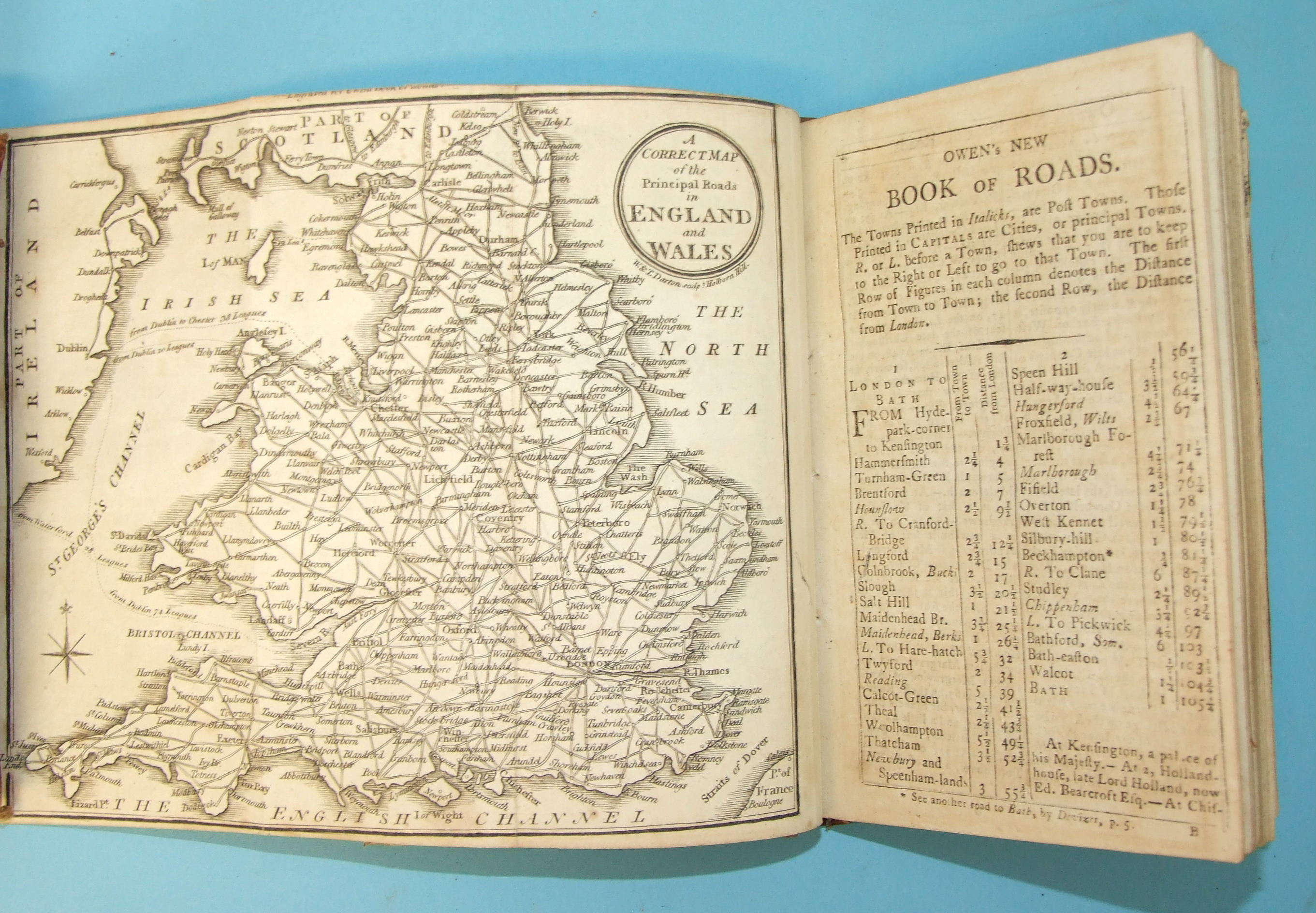 Owen (W), Owen's New Book of Roads, fldg map, re-backed cf spine, orig bds, 12mo, 1808, Mogg ( - Image 2 of 2