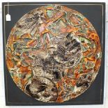 Hackett, a composition abstract circular relief plaque, 76cm, also C Hahapun?, 'Village by a river',