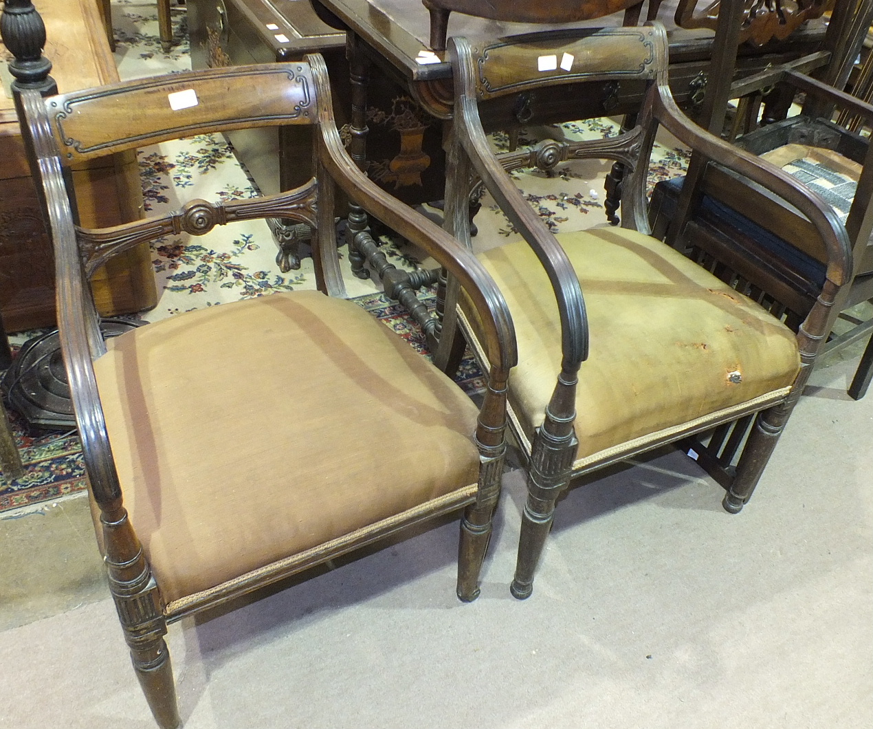A pair of Georgian mahogany carver chairs with rail backs and moulded arms, on turned front legs, ( - Image 2 of 2