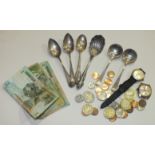 Six various sterling silver spoons, two gents wrist watches, (a/f) and a small collection of foreign