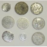 A Charles I hammered silver shilling and other coins, (polished).