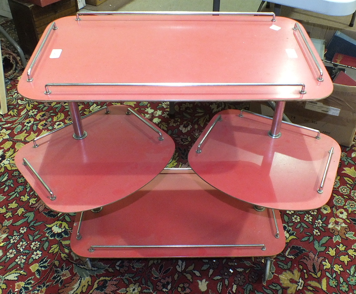 A late-1950's/early-1960's melamine finish and chrome serving trolley, the two rectangular tiers and