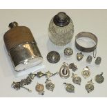 A glass and silver whisky flask, London 1864, maker WS, 14.5cm, (a/f), two silver thimbles, a silver