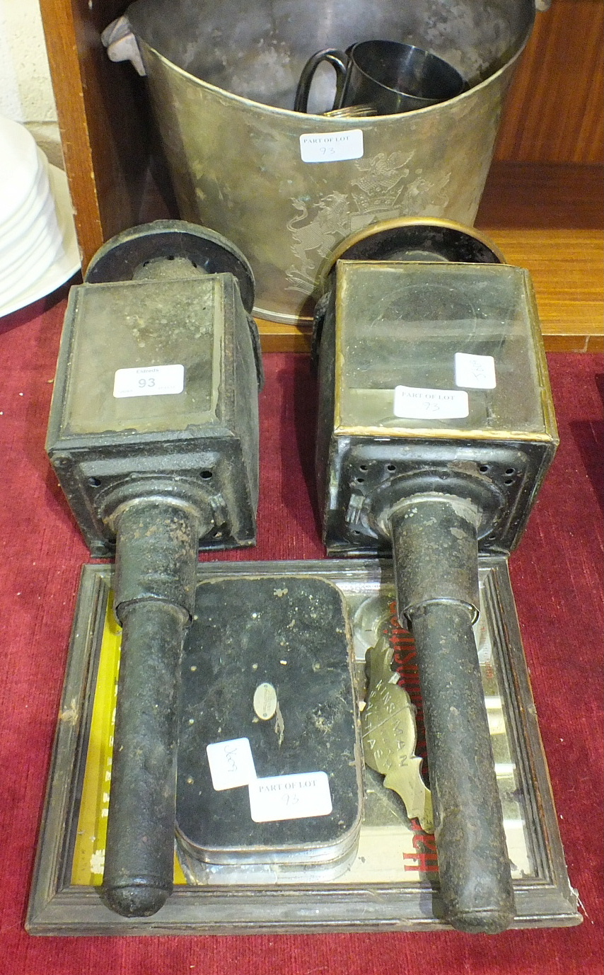 Two metal coaching lamps, other metal ware and miscellaneous items.