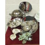 A collection of various plated ware, including entrée dish, tea service, sauce boat, fruit basket,