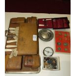 A small collection of fountain pens, a tartanware napkin ring, (Maclean), a small bronze compass,