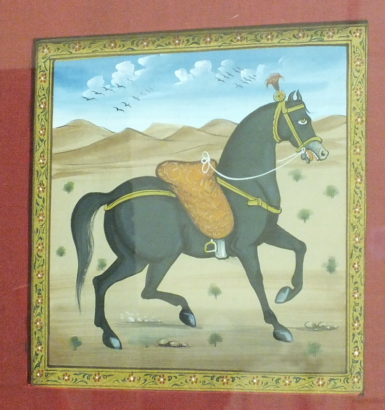 Two small Indian watercolour pictures of horses in a landscape within large silk-covered mounts, - Image 2 of 4