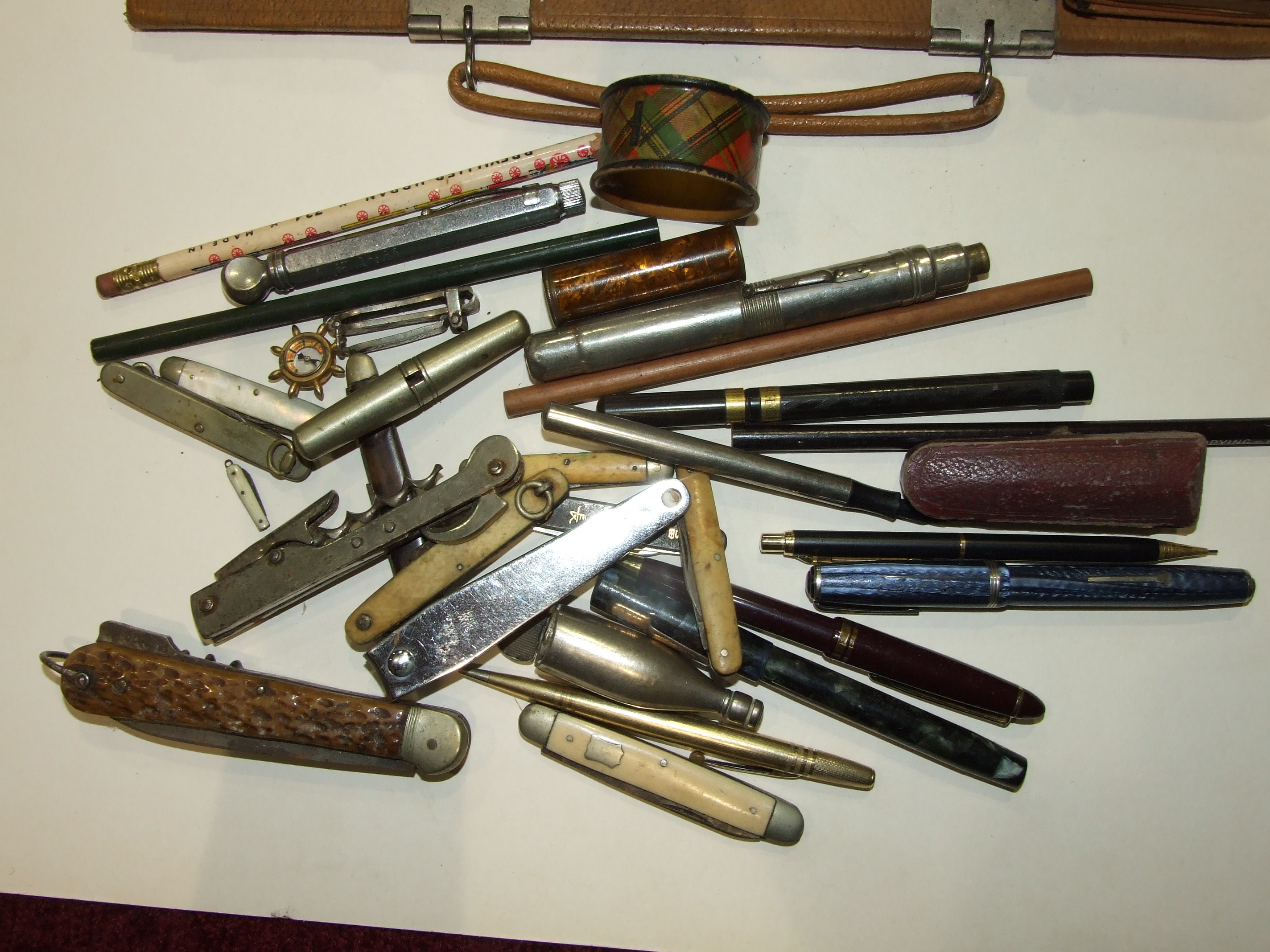 A small collection of fountain pens, a tartanware napkin ring, (Maclean), a small bronze compass, - Image 2 of 3