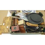 A folding opera top hat, (in poor condition), a wooden cigar mould and other collectable items.