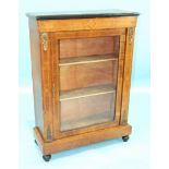 A Victorian inlaid rosewood dwarf display cabinet with single glazed door and shelved interior, 76cm