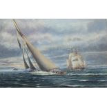 J A Mitchell? LIPTON'S YACHT SHAMROCK ON THE CLYDE Signed watercolour, inscribed on label