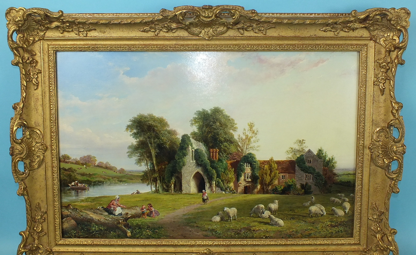 Edmund Thomas Parris (1793-1873) MEDMENHAM ABBEY, DANESFIELD, MARLOW, SHEEP AND FIGURES IN FRONT - Image 2 of 5