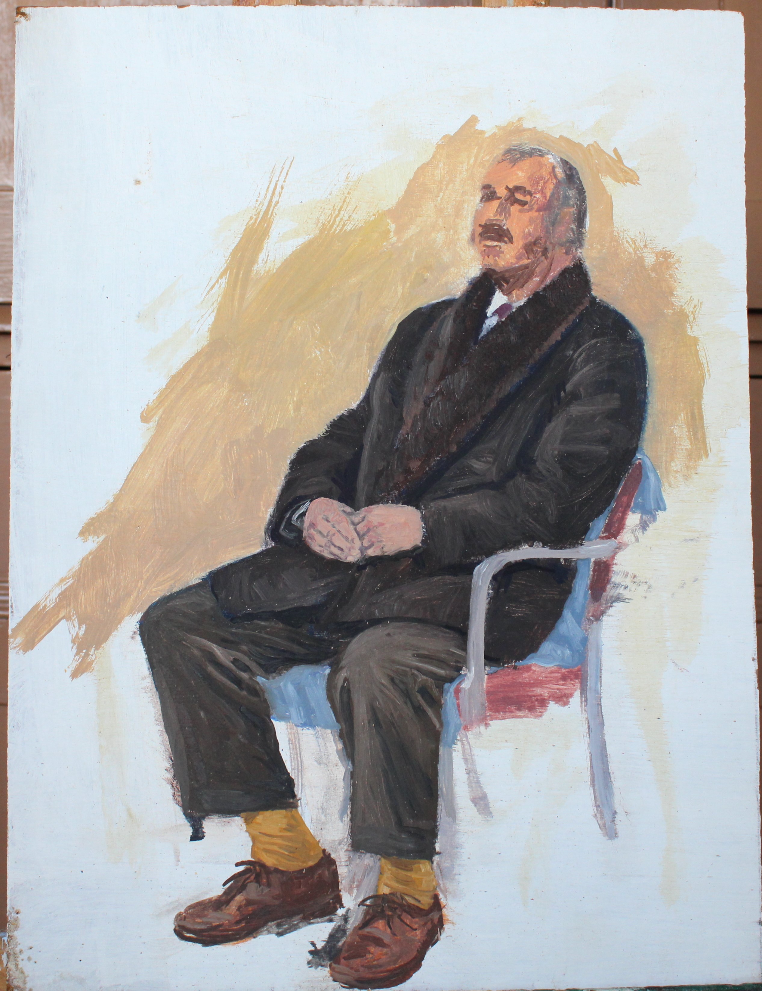 •COMMANDER HAMMET SEATED IN A WING ARMCHAIR Unsigned unframed oil on board, 50.5 x 40.5cm, titled - Image 5 of 8