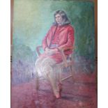 •DAY DREAM, WOMAN SEATED WEARING RED JACKET AND DRESS Signed unframed oil on board, 60 x 44.3cm,