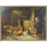 19th century Scottish School FIGURE PLAYING BAGPIPES, WITH DOGS IN A COTTAGE INTERIOR Unsigned oil