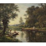 William Kay Blacklock (1872-1924) FIGURES IN ROWING BOATS ON A RIVER AND TREE-LINED BANKS Signed oil