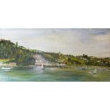 •David Peace (20th century) DITTISHAM FROM THE RIVER Signed oil on board, 44 x 90cm, dated '73.